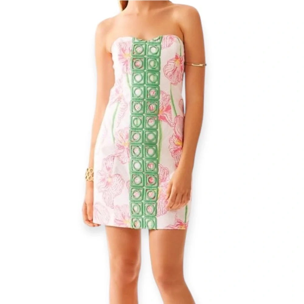 Lilly Pulitzer Pink Floral Strapless Dress with Green Crochet Trim - Picture 2 of 4